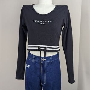Headrush Femme Black Cropped Sweater – XXS – Long Sleeve Drawstring Pullover